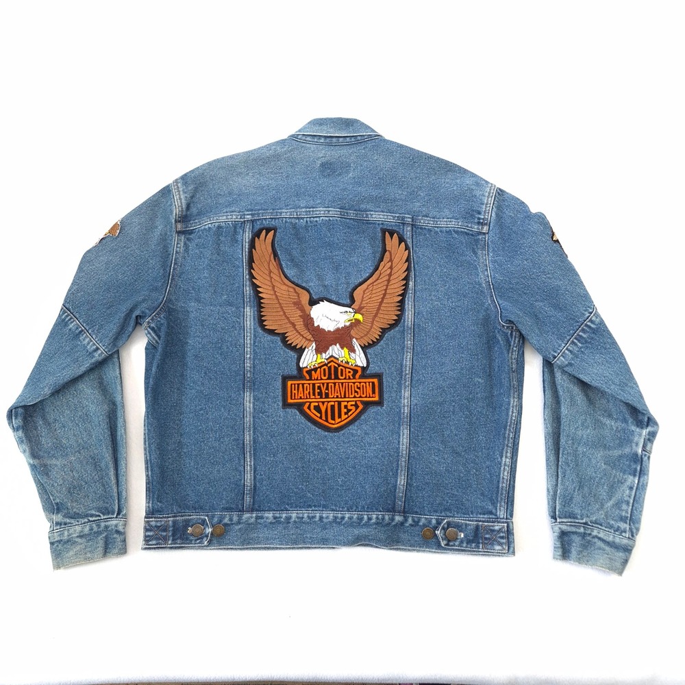 Calvin Klein Denim Jacket Blue L Harley Davidson Biker Trucker Vintage Patched - Picture 2 of 16